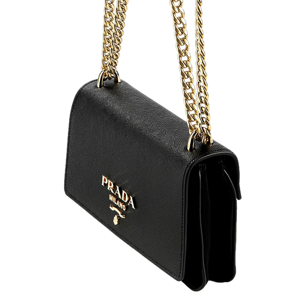 Prada Tessuto and Saffiano Leather Black Crossbody Bag with Gold Chain
